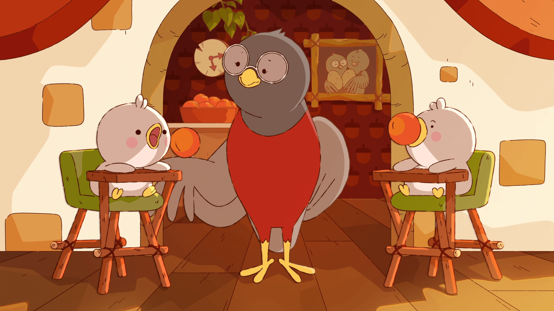 robin with two kids in highchairs