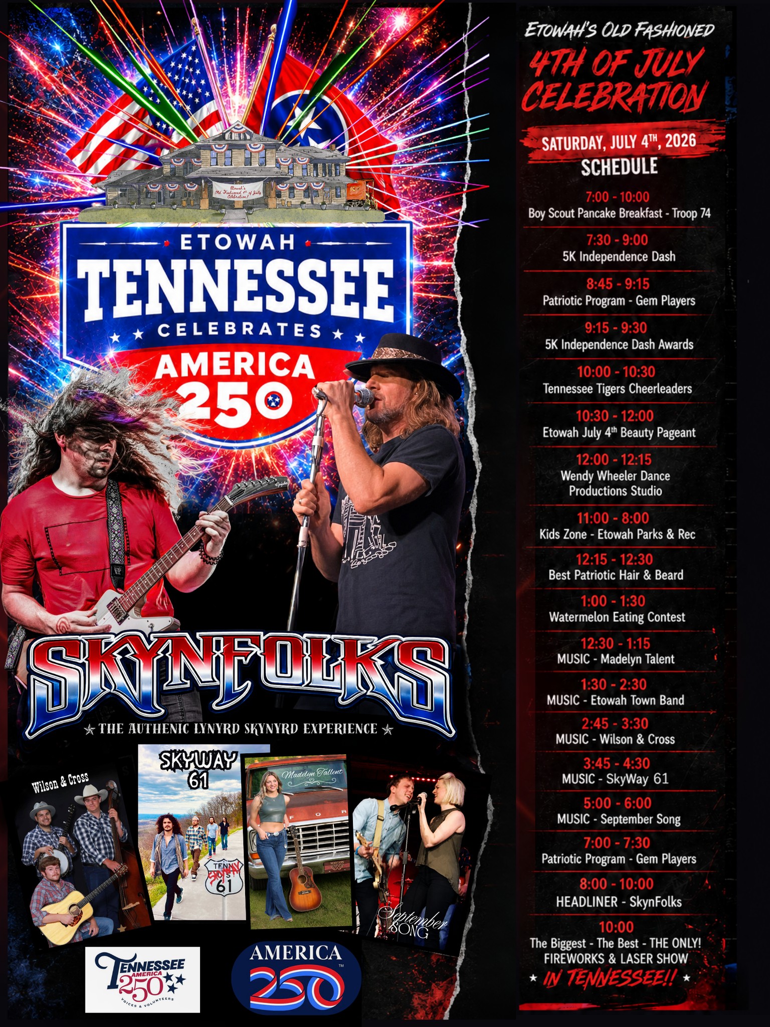 Colorful flyer announcing etowah 4th of july celebration.